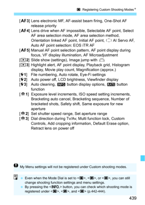 Page 439439
w: Registering Custom Shooting Modes N
[23] Lens electronic MF, AF-assist beam firing, One-Shot AF 
release priority
[2 4] Lens drive when AF impossible, Selectable AF point, Select 
AF area selection mode, AF area selection method, 
Orientation linked AF point, Initial AF point,   AI Servo AF, 
Auto AF point selection: EOS iTR AF
[2 5] Manual AF point selection pattern, AF point display during 
focus, VF display illumination, AF Microadjustment
[x2] Slide show (settings), Image jump with  6
[x3]...