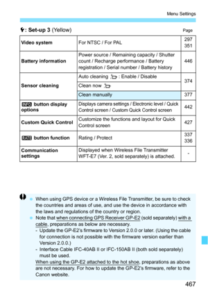 Page 467467
Menu Settings
5: Set-up 3 (Yellow)Page
Video systemFor NTSC / For PAL297
351
Battery information
Power source / Remaining capacity / Shutter 
count / Recharge performance / Battery 
registration / Serial number / Battery history446
Sensor cleaning
Auto cleaning  f: Enable / Disable374Clean now  f
Clean manually377
z  button display 
options
Displays camera settings / Electronic level / Quick 
Control screen / Custom Quick Control screen442
Custom Quick Control
Customize the functions and layout for...