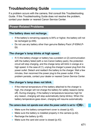 Page 471471
If a problem occurs with the camera, first consult this Troubleshooting 
Guide. If this Troubleshooting Guide does not resolve the problem, 
contact your dealer or nearest Canon Service Center.
If the battery’s remaining capacity is 94% or higher, the battery will not 
be recharged (p.446).
 Do not use any battery other than genuine Battery Pack LP-E6N/LP-
E6.

If (1) the battery charger or battery has a problem or (2) communication 
with the battery failed (with a non-Canon battery pack), the...