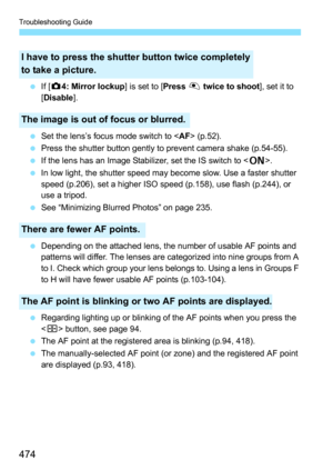 Page 474Troubleshooting Guide
474
If [z4: Mirror lockup ] is set to [Press V twice to shoot ], set it to 
[ Disable ].
 Set the lens’s focus mode switch to < AF> (p.52).
 Press the shutter button gently to prevent camera shake (p.54-55).
 If the lens has an Image Stabilizer, set the IS switch to < 1>.
 In low light, the shutter speed may become slow. Use a faster shutter 
speed (p.206), set a higher ISO speed (p.158), use flash (p.244), or 
use a tripod.
 See “Minimizing Blurred Photos” on page 235.
...