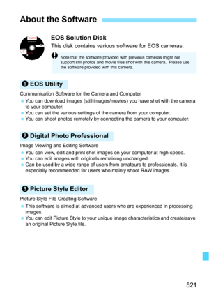 Page 521521
EOS Solution Disk
This disk contains various software for EOS cameras.
Communication Software for the Camera and Computer
You can download images (still images/movies) you have shot with the camera 
to your computer.
 You can set the various settings of the camera from your computer.
 You can shoot photos remotely by con necting the camera to your computer.
Image Viewing and Editing Software
 You can view, edit and print shot im ages on your computer at high-speed.
 You can edit images with...