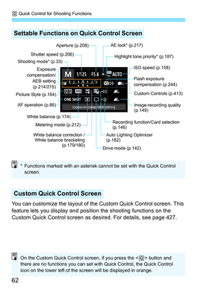 Page 62Q Quick Control for Shooting Functions
62
You can customize the layout of the Custom Quick Control screen. This 
feature lets you display and position the shooting functions on the 
Custom Quick Control screen as desired. For details, see page 427.
Settable Functions on Quick Control Screen
Custom Quick Control Screen
Shutter speed (p.206)
AF operation (p.86) White balance correction /White balance bracketing (p.179/180)
Shooting mode* (p.33)
Highlight tone priority* (p.187)
Auto Lighting Optimizer...