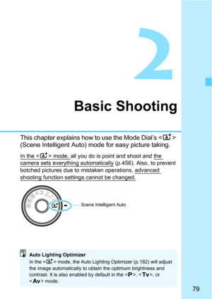 Page 7979
2
Basic Shooting
This chapter explains how to use the Mode Dial’s  
(Scene Intelligent Auto) mode for easy picture taking.
In the  mode, all you do is point and shoot and the camera sets everything automatically (p.456). Also, to prevent 
botched pictures due to mistaken operations, advanced 
shooting function sett ings cannot be changed.
Scene Intelligent Auto
Auto Lighting Optimizer
In the  mode, the Auto Lighting Optimizer (p.182) will adjust 
the image automatically to obtain the optimum...