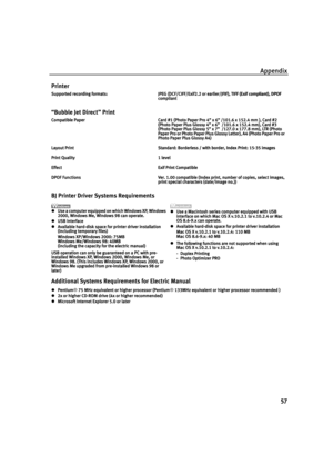 Page 62Appendix
57
Supported recording formats:
Supported recording formats:Supported recording formats: Supported recording formats: JPEG (DCF/CIFF/Exif2.2 or earlier/JFIF), TIFF (Exif compliant), DPOF 
JPEG (DCF/CIFF/Exif2.2 or earlier/JFIF), TIFF (Exif compliant), DPOF JPEG (DCF/CIFF/Exif2.2 or earlier/JFIF), TIFF (Exif compliant), DPOF  JPEG (DCF/CIFF/Exif2.2 or earlier/JFIF), TIFF (Exif compliant), DPOF 
compliant
compliantcompliant compliant
“Bubble Jet Direct” Print
Compatible Paper
Compatible...