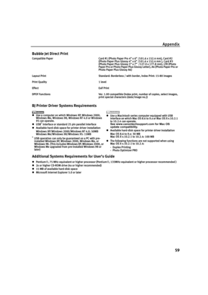 Page 61Appendix
59
Bubble Jet Direct Print
Compatible Paper Card #1 (Photo Paper Pro 4” x 6” /101.6 x 152.4 mm), Card #2 
(Photo Paper Plus Glossy 4” x 6” /101.6 x 152.4 mm ), Card #3 
(Photo Paper Plus Glossy 5” x 7”  /127.0 x 177.8 mm), LTR (Photo 
Paper Pro or Photo Paper Plus Glossy Letter), A4 (Photo Paper Pro or 
Photo Paper Plus Glossy A4)
Layout Print Standard: Borderless / with border, Index Print: 15-80 images
Print Quality 1 level
Effect Exif Print
DPOF Functions Ver. 1.00 compatible (Index print,...