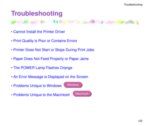 Page 120120
Troubleshooting
Troubleshooting
¥Cannot Install the Printer Driver
¥Print Quality is Poor or Contains Errors
¥Printer Does Not Start or Stops During Print Jobs
¥Paper Does Not Feed Properly or Paper Jams
¥The POWER Lamp Flashes Orange
¥An Error Message is Displayed on the Screen
¥Problems Unique to Windows 
¥Problems Unique to the Macintosh 
Windows
Macintosh 