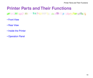 Page 14 
14 
Printer Parts and Their Functions 
Printer Parts and Their Functions 
¥Front View
¥Rear View
¥Inside the Printer
¥Operation Panel 