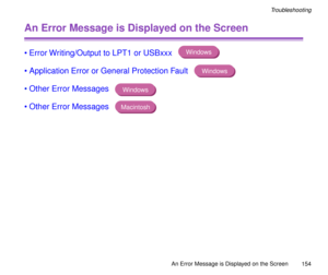 Page 154An Error Message is Displayed on the Screen
154
Troubleshooting
An Error Message is Displayed on the Screen
¥ Error Writing/Output to LPT1 or USBxxx 
¥ Application Error or General Protection Fault 
¥Other Error Messages 
¥ Other Error Messages Windows
Windows
Windows
Macintosh 