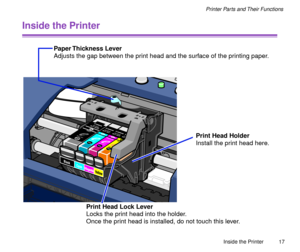 Page 17 
Inside the Printer
17 
Printer Parts and Their Functions 
Inside the Printer 
Print Head Holder 
Install the print head here. 
Print Head Lock Lever 
Locks the print head into the holder.  
Once the print head is installed, do not touch this lever. 
Paper Thickness  Lever 
Adjusts the gap between the print head and the surface of the printing paper. 