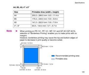 Page 183183
SpeciÞcations
A4, B5, A5, 4 x 6
Note
äWhen printing on PR-101, PP-101, MP-101 and GP-301/GP-301N, 
selection of Borderless Printing enables you to make prints with no 
margins.
However, borderless printing may cause the top and bottom edges of 
paper to decrease in print quality or become soiled. Size Printable Area (width 
x height)
A4 203.2 
´ 289.0 mm / 8.0 ´ 11.4 in
B5 175.2 
´ 249.0 mm / 6.9 ´ 9.8 in
A5 141.2 
´ 202.0 mm / 5.6 ´ 7.9 in
4 
´ 6 94.8 ´ 144.4 mm / 3.7 ´ 5.7 in
33.0 mm / 1.3 in
31.5...