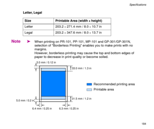 Page 184184
SpeciÞcations
Letter, Legal
Note
äWhen printing on PR-101, PP-101, MP-101 and GP-301/GP-301N, 
selection of Borderless Printing enables you to make prints with no 
margins.
However, borderless printing may cause the top and bottom edges of 
paper to decrease in print quality or become soiled. Size Printable Area (width 
x height)
Letter 203.2 
´ 271.4 mm / 8.0 ´ 10.7 in
Legal 203.2 
´ 347.6 mm / 8.0 ´ 13.7 in
33.0 mm / 1.3 in
31.5 mm / 1.2 in
6.4 mm / 0.25 in6.3 mm / 0.25 in
5.0 mm / 0.2 in
3.0 mm /...