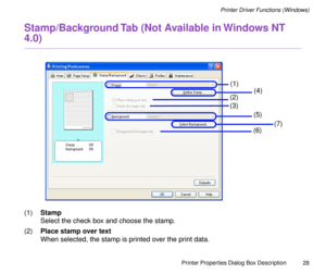 Page 28Printer Properties Dialog Box Description
28
Printer Driver Functions (Windows)
Stamp/Background Tab (Not Available in Windows NT 
4.0)
(1)Stamp
Select the check box and choose the stamp. 
(2)Place stamp over text
When selected, the stamp is printed over the print data.
(1)
(2)
(3)(4)
(5)
(6)(7) 