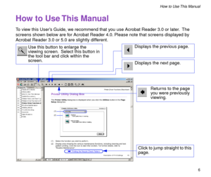 Page 6 
6 
How to Use This Manual 
How to Use This Manual 
To view this UserÕs Guide, we recommend that you use Acrobat Reader 3.0 or later.  The 
screens shown below are for Acrobat Reader 4.0. Please note that screens displayed by 
Acrobat Reader 3.0 or 5.0 are slightly different.
Use this button to enlarge the 
viewing screen.  Select this button in 
the tool bar and click within the 
screen.
Displays the next page.
Returns to the page 
you were previously 
viewing.
Click to jump straight to this 
page....