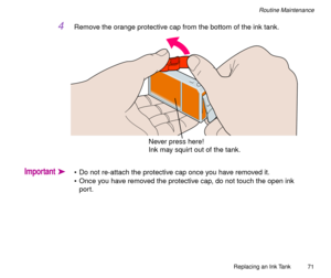Page 71Replacing an Ink Tank
71
Routine Maintenance
4Remove the orange protective cap from the bottom of the ink tank.
Importantä¥ Do not re-attach the protective cap once you have removed it. 
¥ Once you have removed the protective cap, do not touch the open ink 
port. 
Never press here! 
Ink may squirt out of the tank. 