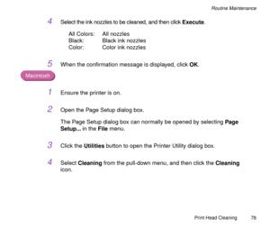 Page 78Print Head Cleaning
78
Routine Maintenance
4Select the ink nozzles to be cleaned, and then click Execute.
All Colors: All nozzles
Black: Black ink nozzles
Color: Color ink nozzles
5When the conÞrmation message is displayed, click OK.
Macintosh
1Ensure the printer is on.
2Open the Page Setup dialog box.
The Page Setup dialog box can normally be opened by selecting Page 
Setup... in the File menu.
3Click the Utilities button to open the Printer Utility dialog box.
4Select Cleaning from the pull-down menu,...