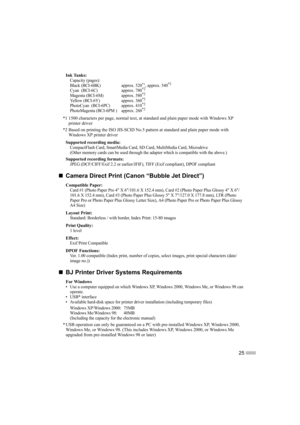 Page 2725
Ink Tanks:Capacity (pages):
Black (BCI-6BK)  approx. 520*1, approx. 540*2
Cyan  (BCI-6C)  approx. 780*2
Magenta (BCI-6M)  approx. 580*2
Yellow (BCI-6Y)  approx. 360*2
PhotoCyan  (BCI-6PC)  approx. 410*2
PhotoMagenta (BCI-6PM )  approx. 260*2
*1 1500 characters per page, normal text, at standard and plain paper mode with Windows XP printer driver 
*2 Based on printing the ISO JIS-SCID No.5 pattern at standard and plain paper mode with  Windows XP printer driver 
Supported recording media:
CompactFlash...