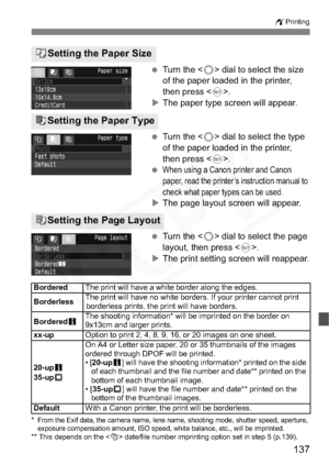 Page 137
137
wPrinting
 Turn the < 5> dial to select the size 
of the paper loaded in the printer, 
then press < 0>.
X The paper type screen will appear.
  Turn the < 5> dial to select the type 
of the paper loaded in the printer, 
then press < 0>.
 
When using a Canon printer and Canon 
paper, read the printer’s instruction manual to 
check what paper types can be used.
X The page layout screen will appear.
  Turn the < 5> dial to select the page 
layout, then press < 0>.
X The print setting screen will...