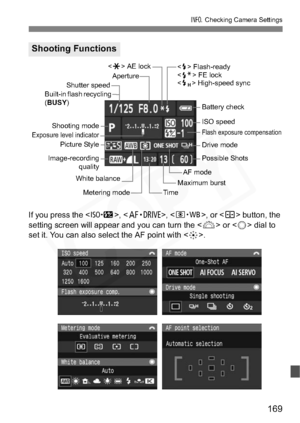 Page 169
169
B Checking Camera Settings
If you press the < m>, , , or  button, the 
setting screen will appear and you can turn the < 6> or < 5> dial to 
set it. You can also select the AF point with < 9>.
Shooting Functions
Time
Aperture
<
D > Flash-ready
< d > FE lock
< e > High-speed sync
Metering mode
Flash exposure compensation
Built-in flash recycling 
( BUSY )
White balance
Shutter speed
Battery check
ISO speed
Drive mode
Possible Shots
AF mode
Maximum burst
Image-recording
quality
Picture Style
Exposure...