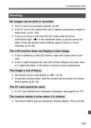 Page 175
175
Troubleshooting Guide
 The CF card is not properly inserted. (p.28)
 If the CF card is full, replace the card or delete unnecessary images to 
make room. 
(p.28, 124)
 If you try to focus in the One-Shot AF mode while the focus 
confirmation light < o> in the viewfinder blinks, a picture cannot be 
taken. Press the shutter button halfway again to focus, or focus 
manually. (p.32, 80)
  If dust is adhering to the LCD monitor, wipe with a lens cloth or soft 
cloth.
  In low or high temperatures, the...