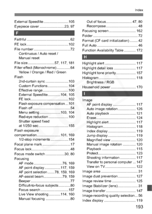 Page 193
193
Index
External Speedlite .........................105
Eyepiece cover .........................23, 97
F
Faithful ............................................ 62
FE lock ..........................................102
File number ..................................... 72Continuous / Auto reset / 
Manual reset
File size ...........................57, 117, 181
Filter effect (Monochrome) ..............64 Yellow / Orange / Red / Green
Flash 2nd-curtain sync .......................103
Custom...