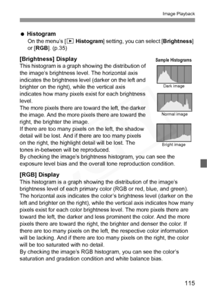 Page 115
115
Image Playback
  Histogram
On the menu’s [ x Histogram ] setting, you can select [ Brightness] 
or [ RGB ]. (p.35)
[Brightness] Display
This histogram is a graph s howing the distribution of 
the image’s brightness level. The horizontal axis 
indicates the brightness level (darker on the left and 
brighter on the right), while the vertical axis 
indicates how many pixels  exist for each brightness 
level. 
The more pixels there are toward the left, the darker 
the image. And the more pixels there...