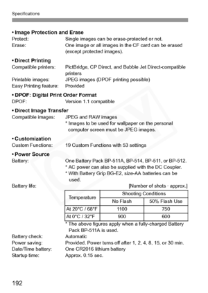 Page 192
Specifications
192
• Image Protection and EraseProtect: Single images can be erase-protected or not.
Erase: One image or all images in the CF card can be erased  (except protected images).
• Direct PrintingCompatible printers: PictBridge, CP Direct, and Bubble Jet Direct-compatible printers
Printable images: JPEG images (DPOF printing possible)
Easy Printing feature: Provided
• DPOF: Digital Print Order FormatDPOF: Version 1.1 compatible
• Direct Image TransferCompatible images: JPEG and RAW images *...