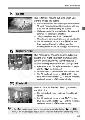 Page 49
49
Basic Zone Modes
This is for fast-moving subjects when you 
want to freeze the action.
 The camera will first track the subject with the center 
AF point. Focus tracking will then continue with any 
of the nine AF points covering the subject.
  While you press the shutter button, focusing will 
continue for continuous shooting.
  Using a telephoto lens is recommended.
 
When focus is achieved, the beeper will sound softly.X The AF mode will be set to < Z>, the 
drive mode will be set to < o>, and the...
