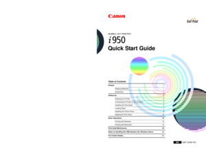 Page 1BUBBLE JET PRINTERQuick Start GuideTable of ContentsPreface 1
Shipping Materials 1Introduction 1
Setting Up 2
Preparing the Printer 2Connecting the Printer to the Computer 2Installing the Print Head 4Loading Paper 7Installing the Printer Driver 8Aligning the Print Head 12
Basic Operations 16
Printing with Windows 16Printing with Macintosh 18
Print Head Maintenance 20Notes on Handling the USB Interface (for Windows Users) 21For Further Details... 21
QA7-2338-V01 XX2002XX ©CANON INC.2002 PRINTED IN...