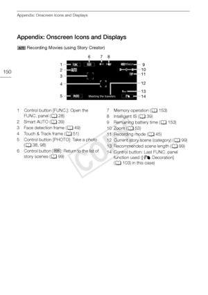 Page 150Appendix: Onscreen Icons and Displays
150
Appendix: Onscreen Icons and Displays
 Recording Movies (using Story Creator)
1678
2
3
4
5 9
10
11
12
13
14
1 Control button [FUNC.]: Open the 
FUNC. panel ( A28)
2Smart AUTO ( A39)
3 Face detection frame ( A49)
4 Touch & Track frame ( A51)
5 Control button [PHOTO]: Take a photo  (A 38, 98)
6 Control button [ ë]: Return to the list of 
story scenes ( A99) 7 Memory operation (
A153)
8 Intelligent IS ( A39)
9 Remaining battery time ( A153)
10 Zoom ( A53)
11...