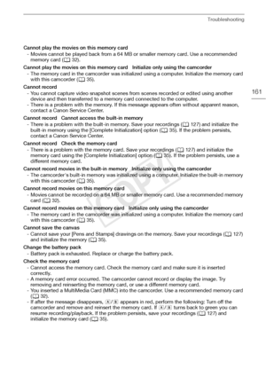 Page 161Troubleshooting
161
Cannot play the movies on this memory card- Movies cannot be played back from a 64 MB or smaller memory card. Use a recommended memory card ( A32).
Cannot play the movies on this memory card   Initialize only using the camcorder - The memory card in the camcorder was initialized using a computer. Initialize the memory card with this camcorder ( A35).
Cannot record - You cannot capture video snapshot scenes from scenes recorded or edited using another device and then transferred to a...