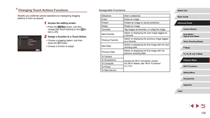 Page 120120
Assignable Functions
SlideshowStart a slideshow.
Erase Erase an image.
Protect Protect an image or cancel protection.
Rotate Rotate an image.
Favorites Tag images as favorites, or untag the image.
Next Favorite Switch to displaying the next image tagged as 
a favorite.
Previous Favorite Switch to displaying the previous image tagged 
as a favorite.
Next Date Switch to displaying the first image with the next 
shooting date.
Previous Date Switch to displaying the first image with the 
previous...