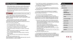 Page 1414
 ●If your model has a viewfinder or interchangeable lens, do not look 
through the viewfinder or lens at bright light sources (such as the sun 
on a clear day, or a bright artificial light source).
This may damage your eyesight.
 ● If your model has an interchangeable lens, do not leave the lens (or 
the camera with the lens attached) in the sun without the lens cap on.
This could result in a fire.
 ● Do not touch the product during thunderstorms if it is plugged in.
This could result in electrical...