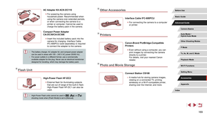 Page 169169
Other Accessories
Interface Cable IFC-600PCU
 zFor connecting the camera to a computer 
or printer.
Printers
Canon-Brand PictBridge-Compatible 
Printers
 zEven without using a computer, you can 
print images by connecting the camera 
directly to a printer.  
For details, visit your nearest Canon 
retailer
.
Photo and Movie Storage
Connect Station CS100
 ●A media hub for storing camera images, 
viewing on a connected TV, printing 
wirelessly on a Wi-Fi-compatible printer
, 
sharing over the Internet,...