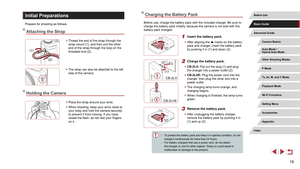 Page 1818
Charging the Battery Pack
Before use, charge the battery pack with the included charger. Be sure to 
charge the battery pack initially, because the camera is not sold with the 
battery pack charged.
1 Insert the battery pack.
 zAfter aligning the  marks on the battery 
pack and charger, insert the battery pack 
by pushing it in (1) and down (2).
2 Charge the battery pack.
 z CB-2LH: Flip out the plug (1) and plug 
the charger into a power outlet (2).
 zCB-2LHE: Plug the power cord into the 
charger,...