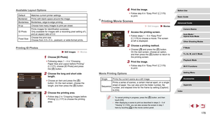 Page 178178
4 Print the image.
 zFollow step 6 in “Easy Print” ( = 175) 
to print.
Printing Movie Scenes
 Still Images  Movies
1 Access the printing screen.
 z Follow steps 1 – 5 in “Easy Print” 
(= 175) to choose a movie. The screen 
at left is displayed.
2 Choose a printing method.
 z Choose [] and press the [] button. 
On the next screen, choose an option, 
and then press the [
] button to return to 
the printing screen.
3 Print the image.
 z Follow step 6 in “Easy Print” ( = 175) 
to print.
Movie Printing...