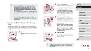 Page 1919
2 Insert the battery pack.
 zHolding the battery pack with the terminals 
in the position shown (1), hold the battery 
lock toward (2) and insert the battery pack 
toward (3) until the lock clicks shut.
 zIf you insert the battery pack facing the 
wrong way, it cannot be locked into the 
correct position. Always confirm that the 
battery pack is facing the right way and 
locks when inserted.
3 Check your card’s write-protect 
switch and insert the memory card.
 zRecording is not possible on memory...