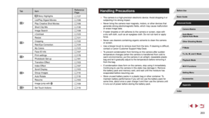 Page 203203
Handling Precautions
 ●The camera is a high-precision electronic device. Avoid dropping it or 
subjecting it to strong impact.
 ●Never bring the camera near magnets, motors, or other devices that 
generate strong electromagnetic fields, which may cause malfunction 
or erase image data.
 ●If water droplets or dirt adheres to the camera or screen, wipe with 
a dry soft cloth, such as an eyeglass cloth. Do not rub hard or apply 
force.
 ●Never use cleaners containing organic solvents to clean the camera...