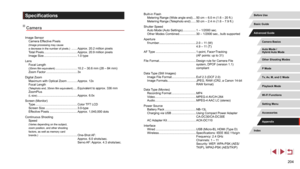 Page 204204
Built-in FlashMetering Range (Wide angle end) .... 50 cm – 6.0 m (1.6 – 20 ft.)
Metering Range (Telephoto end) ...... 50 cm – 2.4 m (1.6 – 7.9 ft.)
Shutter Speed Auto Mode (Auto Settings) ................1 – 1/2000 sec.
Other Modes Combined ....................30 – 1/2000 sec., bulb supported
Aperture f/number ........

....................................
 2.0 – 11 (W) 
4.9 – 11 (T)
AF 

Type
 ................................................ 1-point, Face+Tracking  
(AF points: up to 31)
File...