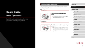 Page 1717
Touch-Screen Operations
The camera’s touch-screen panel enables intuitive operation simply by 
touching or tapping the screen.
Touching
Touch the screen briefly with your 
finger.
 zThis gesture is used to shoot, configure 
camera functions, and so on.
Dragging
Touch the screen and move your finger 
across it.
 zThis gesture is used in Playback mode 
to switch to the next image, or to change 
the magnified image area, among other 
operations.
Basic information and instructions, from initial...