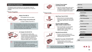 Page 169169
Compact Power Adapter  
CA-DC30/CA-DC30E
 z Insert the included battery pack into the 
camera for charging. Interface Cable 
IFC
-600PCU (sold separately) is required 
to connect the adapter to the camera.
Flash Units
High-Power Flash HF-DC2
 z External flash for illuminating subjects 
that are out of range of the built-in flash.   
High-Power Flash HF-DC1 can also be 
used.
Speedlite 600EX-RT/600EX/ 
580EX II/430EX II/320EX/270EX II
 z Shoe-mounted flash unit that enables 
many styles of flash...