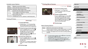 Page 181181
Printing Movie Scenes
 Still Images  Movies
1 Access the printing screen.
 zFollow steps 1 – 6 in “Easy Print” 
(= 178) to choose a movie. The screen 
at left is displayed.
2 Choose a printing method.
 z Press the [][] buttons to choose [], 
and then press the [] button. On the 
next screen, choose an option (either 
press the [
][] buttons or turn the [] 
dial), and then press the [] button to 
return to the printing screen.
3 Print the image.
Movie Printing Options
Single Prints the current scene...