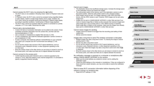 Page 188188
Cannot send images. ●The destination device has insufficient storage space. Increase the storage space 
on the destination device and resend the images.
 ●The write-protect switch of the memory card in the destination camera is set to 
the locked position. Slide the write-protect switch to the unlocked position.
 ●RAW images cannot be sent. For images captured in both JPEG and RAW 
format, only the JPEG version is sent. However, RA

W images can be sent using 
Image Sync.
 ● Images are not sent to...
