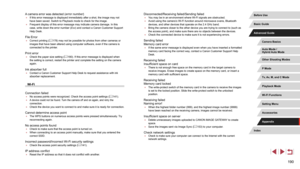 Page 190190
Disconnected/Receiving failed/Sending failed ●You may be in an environment where Wi-Fi signals are obstructed. ●Avoid using the camera’s Wi-Fi function around microwave ovens, Bluetooth 
devices, and other devices that operate on the 2.4 GHz band.
 ●Bring the camera closer to the other device you are trying to connect to (such as 
the access point), and make sure there are no objects between the devices.
 ●Check the connected device to make sure it is not experiencing errors.
Sending failed  
Memory...