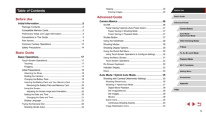 Page 55
Table of Contents
Before Use
Initial Information ..............................................................2
Package Contents ....................................................................2
Compatible Memory Cards ....................................................... 2
Preliminary Notes and Legal Information
 ................................. 3
Conventions in 

This Guide
 .............................
 ..........................3
Part Names
 ...............................