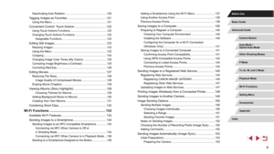 Page 99
Adding a Smartphone Using the Wi-Fi Menu ..........................137
Using  Another Access Point
 ..............................
 ......................139
Previous Access Points
 ...............................

............................139
Saving Images to a Computer ............................. .................140
Preparing to Register a Computer ............................... ............140
Checking Your Computer Environment
 ............................... 140
Installing the Software...