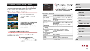 Page 123123
2 Assign a function to a Touch Action.
 zPress the [][] buttons or turn the [] 
dial to choose a dragging pattern, and 
then press the [
] button.
 z Press the [][] buttons or turn the [] 
dial to choose a function to assign.
Assignable Functions
Favorites Tag images as favorites, or untag the image.
Next Favorite Switch to displaying the next image tagged as 
a favorite.
Previous Favorite Switch to displaying the previous image tagged 
as a favorite.
Next Date Switch to displaying the first image...