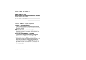 Page 2Getting Help from CanonHelp Us Help You BetterBefore you contact Canon, please record the following information.Serial Number (located on the back of the product): _____________________________________
Model Number (located on the top of the product): ______________________________________
Setup CD-ROM number (located on the CD-ROM): ______________________________________
Purchase Date: __________________________________________________________________Customer Technical Support Sequence*1. Internet 
—...