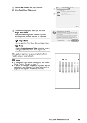 Page 3935
Routine Maintenance
(1) Select  Test Print  in the pop-up menu.
(2) Click  Print Head Alignment .
(3) Confirm the displayed message and click 
Align Print Head .
The print head alignment pattern is printed. 
Printing takes about 4 minutes to complete.
If the pattern is printed as shown right, the Print 
Head is aligned automatically.
Important
Do not open the Print Head Cover while printing.
Note
Clicking  Print Alignment Value  prints the current 
settings and finishes Print Head Alignment.
Notez If...