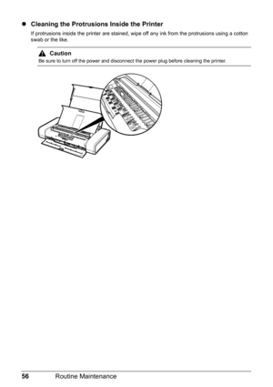 Page 6056Routine Maintenance
zCleaning the Protrusions Inside the Printer
If protrusions inside the printer are stained, wipe off any ink from the protrusions using a cotton 
swab or the like.
Caution
Be sure to turn off the power and disconn ect the power plug before cleaning the printer. 