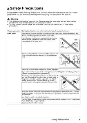 Page 73
Safety Precautions
Safety Precautions
Please read the safety warnings and cautions provi ded in this manual to ensure that you use the 
printer safely. Do not attempt to use the printer in any way not described in this manual.
Warningz This product emits low level magnetic flux. If you use a cardiac pacemaker and feel abnormalities, 
please move away from this product and consult your doctor.
z You may cause an electric shock, fire, or damage the printer if you ignore any of these safety 
precautions....